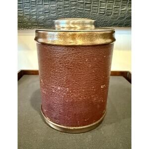 Vintage 50's Cigar Tobacco Humidor Canister Faux Leather & Metal w/Aztec Stone